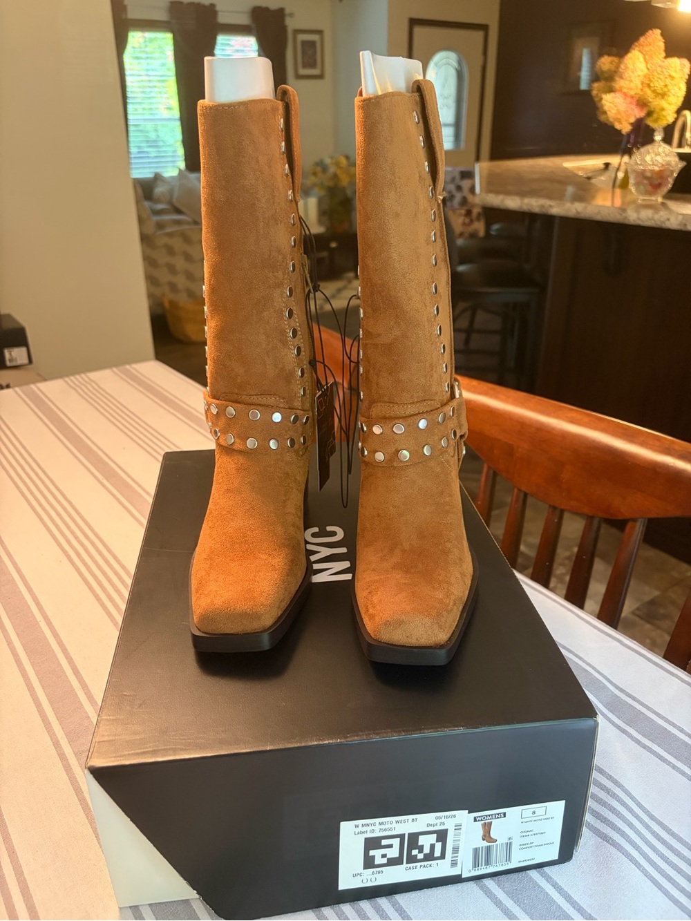 NYC Tan Suede Studded Mid-Calf Heeled Boots